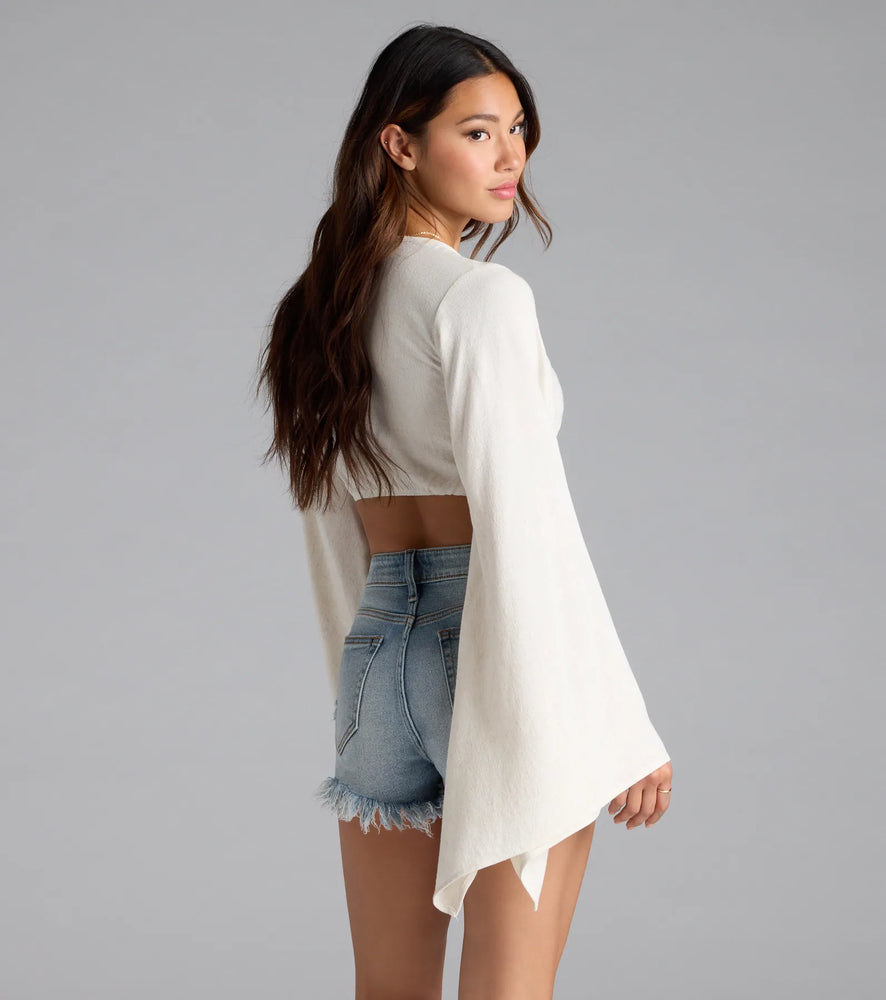Bring The Drama Bell Sleeve Tie Front Crop Top in Natural