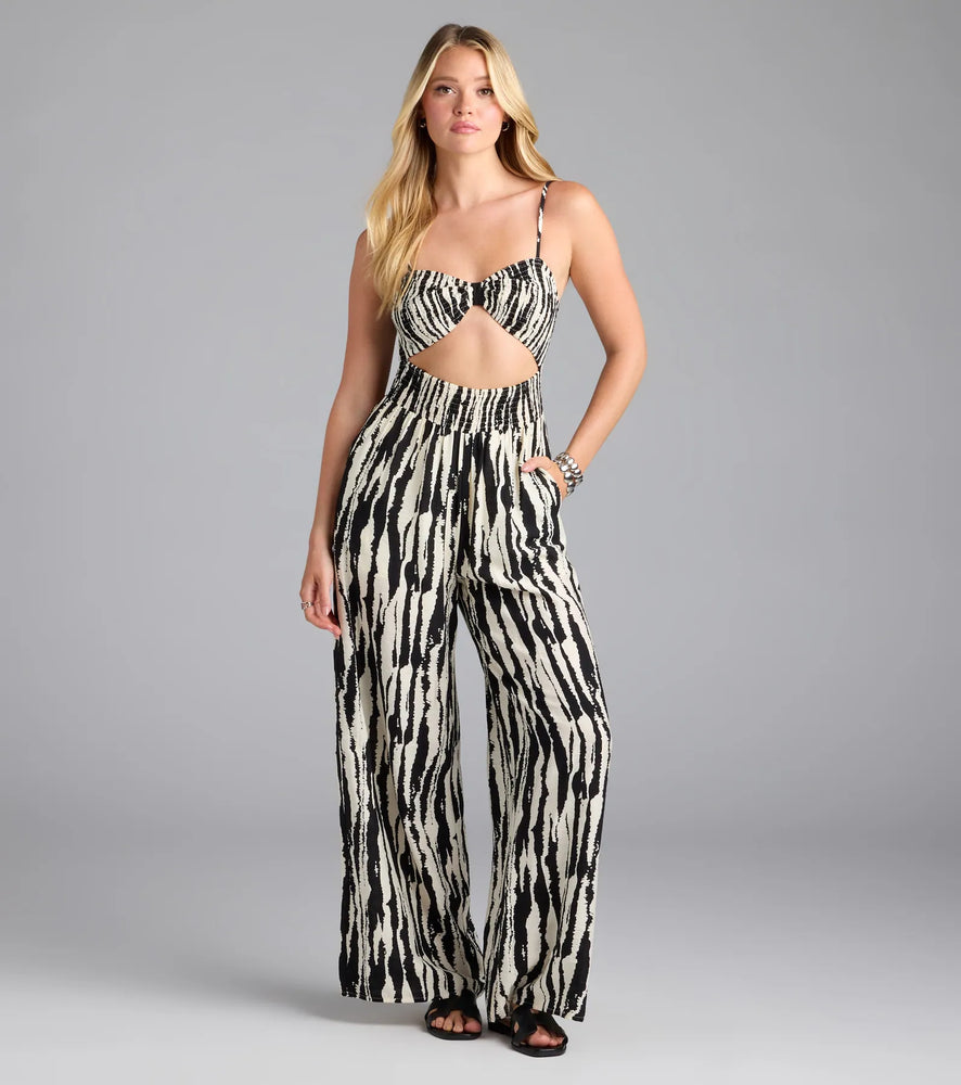 Remarkable Energy Abstract Striped Wide-Leg Jumpsuit Pant in Blk/wht