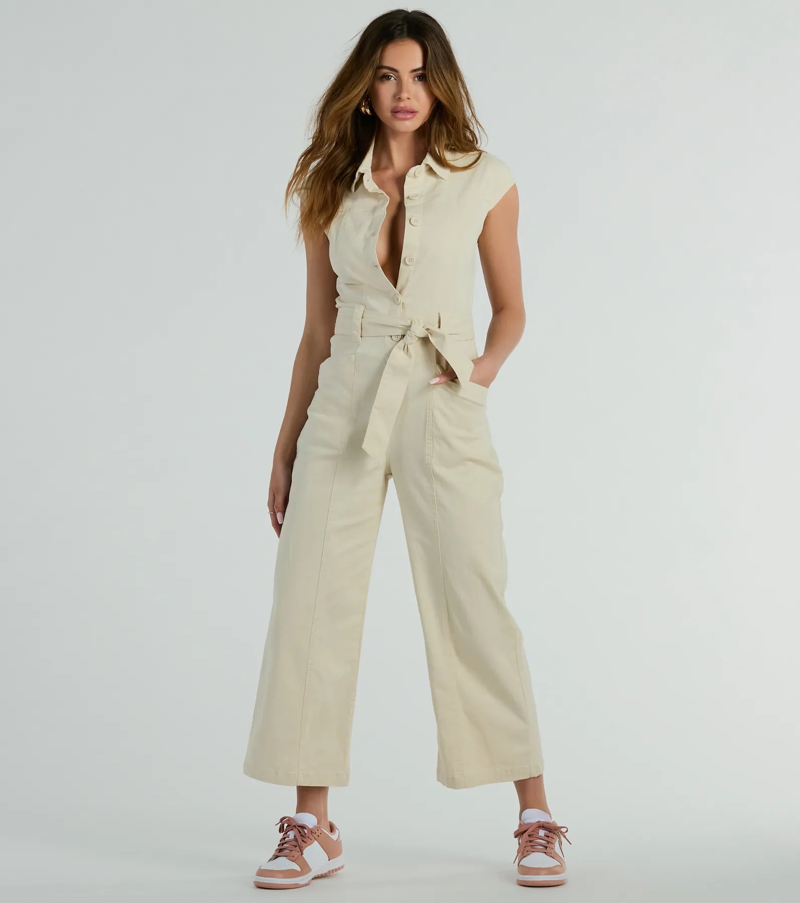 Twill Button Front Belted Pocketed Self Tie Tie Waist Waistline Cap Sleeves Collared Jumpsuit