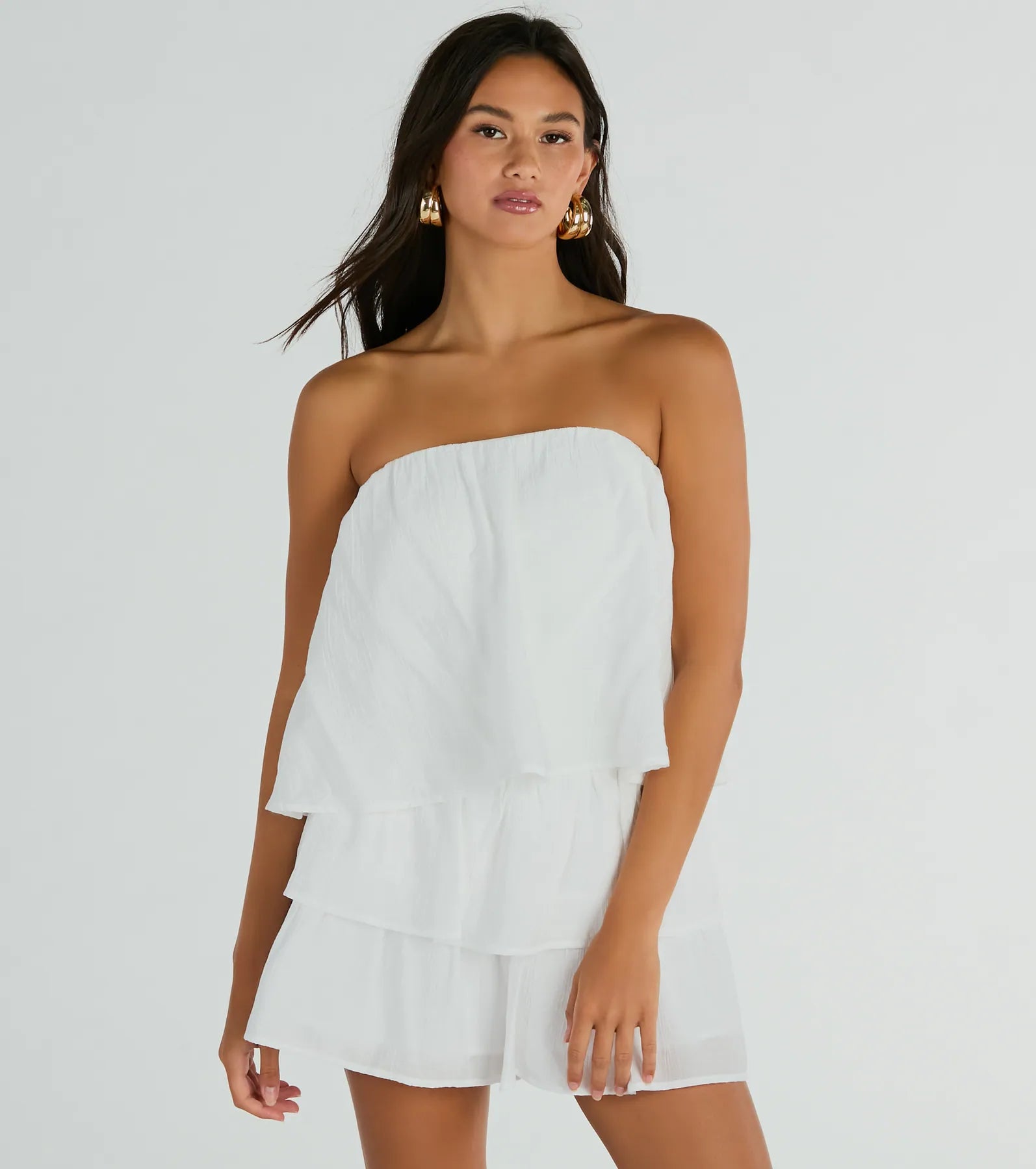 Strapless Elasticized Waistline Stretchy Open-Back Flowy Slit Smocked Romper With Ruffles