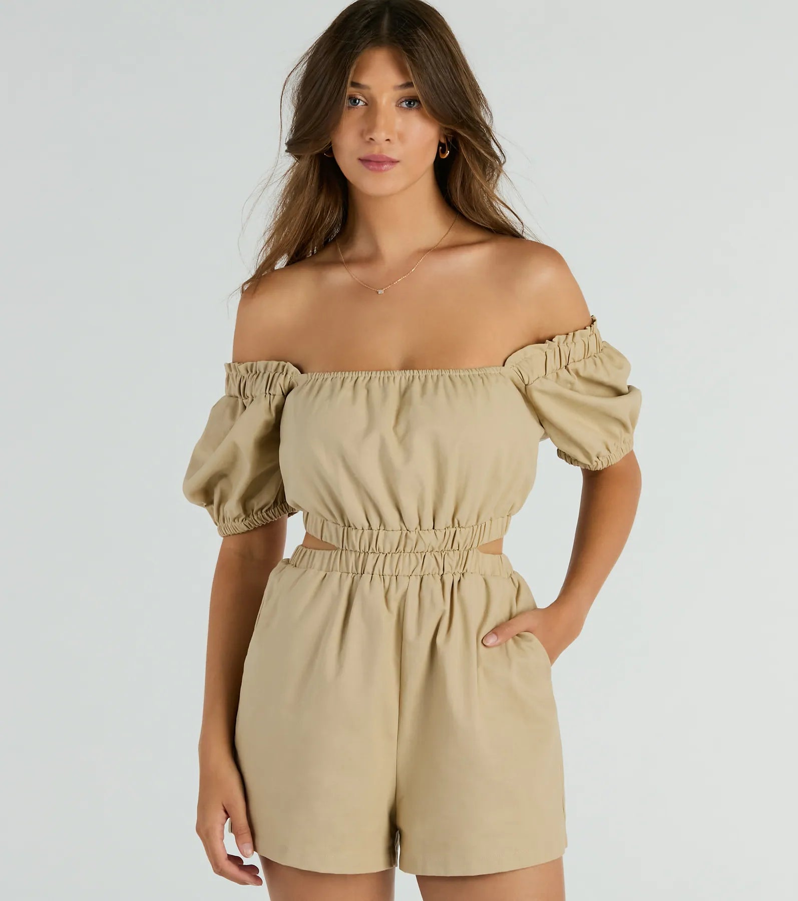 Linen Pocketed Cutout Puff Sleeves Short Sleeves Sleeves Romper