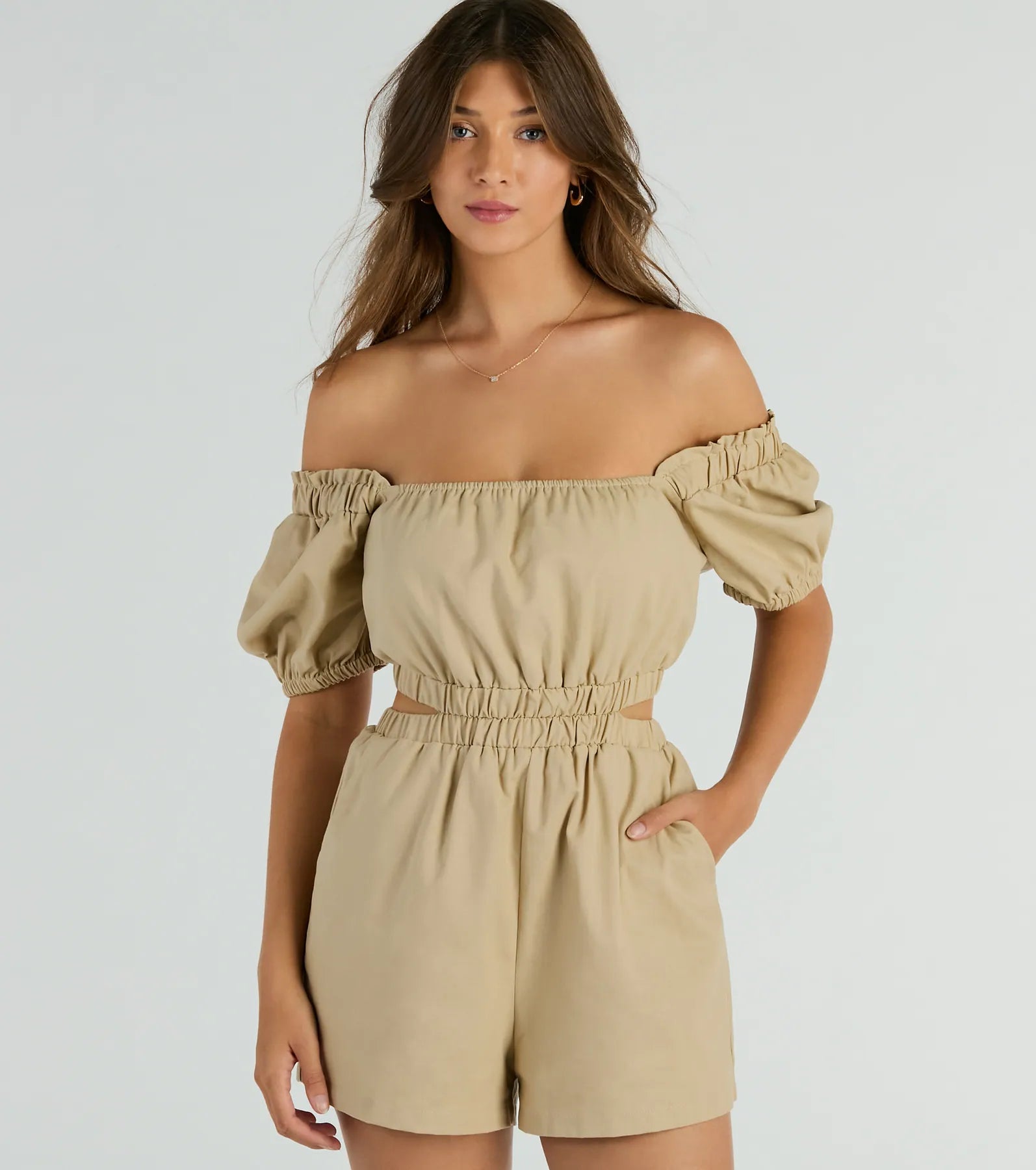 Linen Puff Sleeves Short Sleeves Sleeves Cutout Pocketed Romper