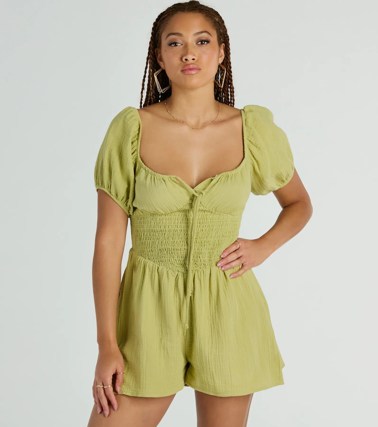 Smocked Puff Sleeves Short Sleeves Sleeves Stretchy Flowy Spring Elasticized Waistline Romper