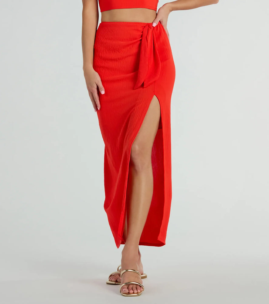 Windsor Sunny Vibes High Slit Woven Midi Skirt in Orange