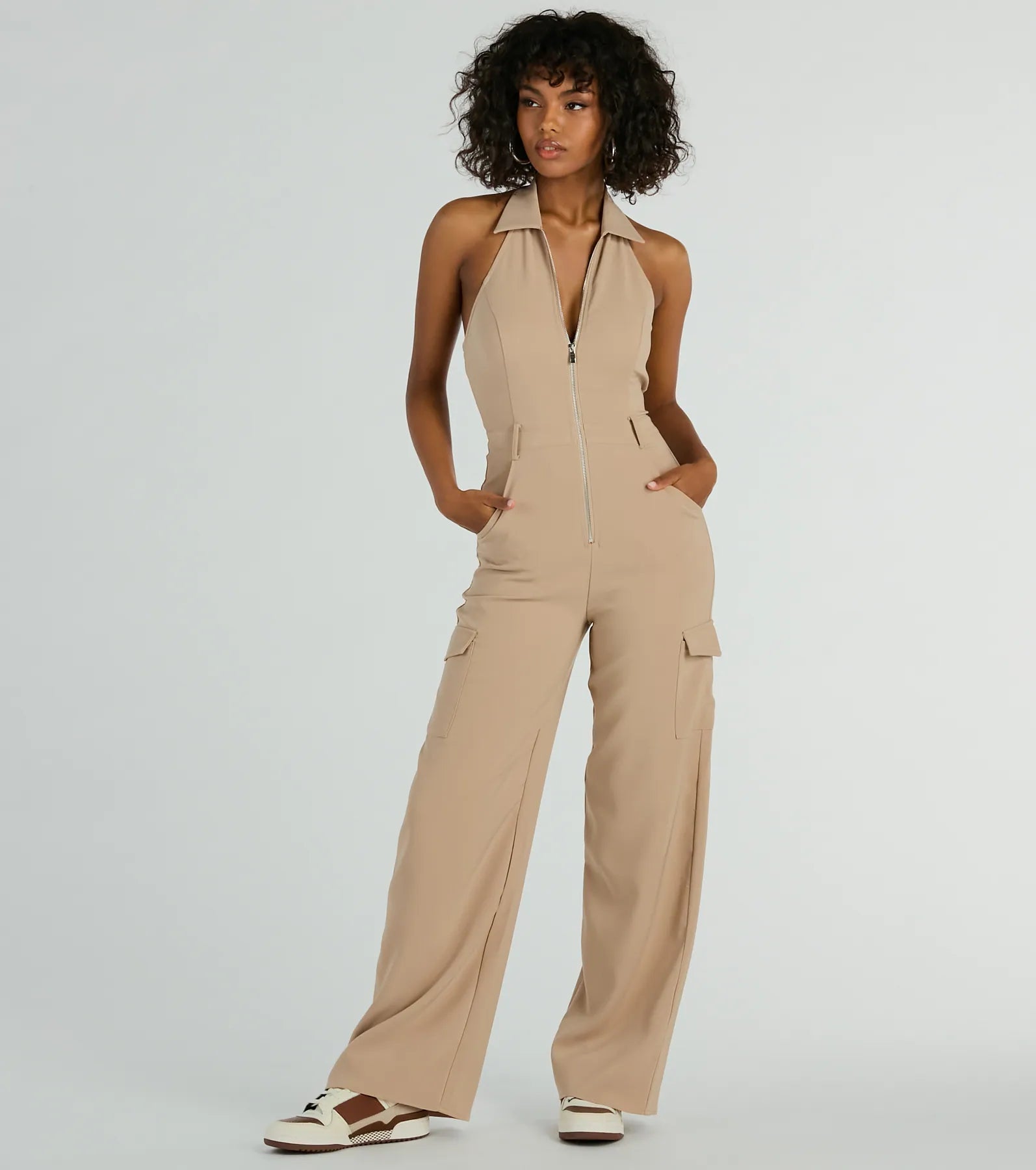 Open-Back Pocketed Front Zipper Collared Halter Sleeveless Jumpsuit