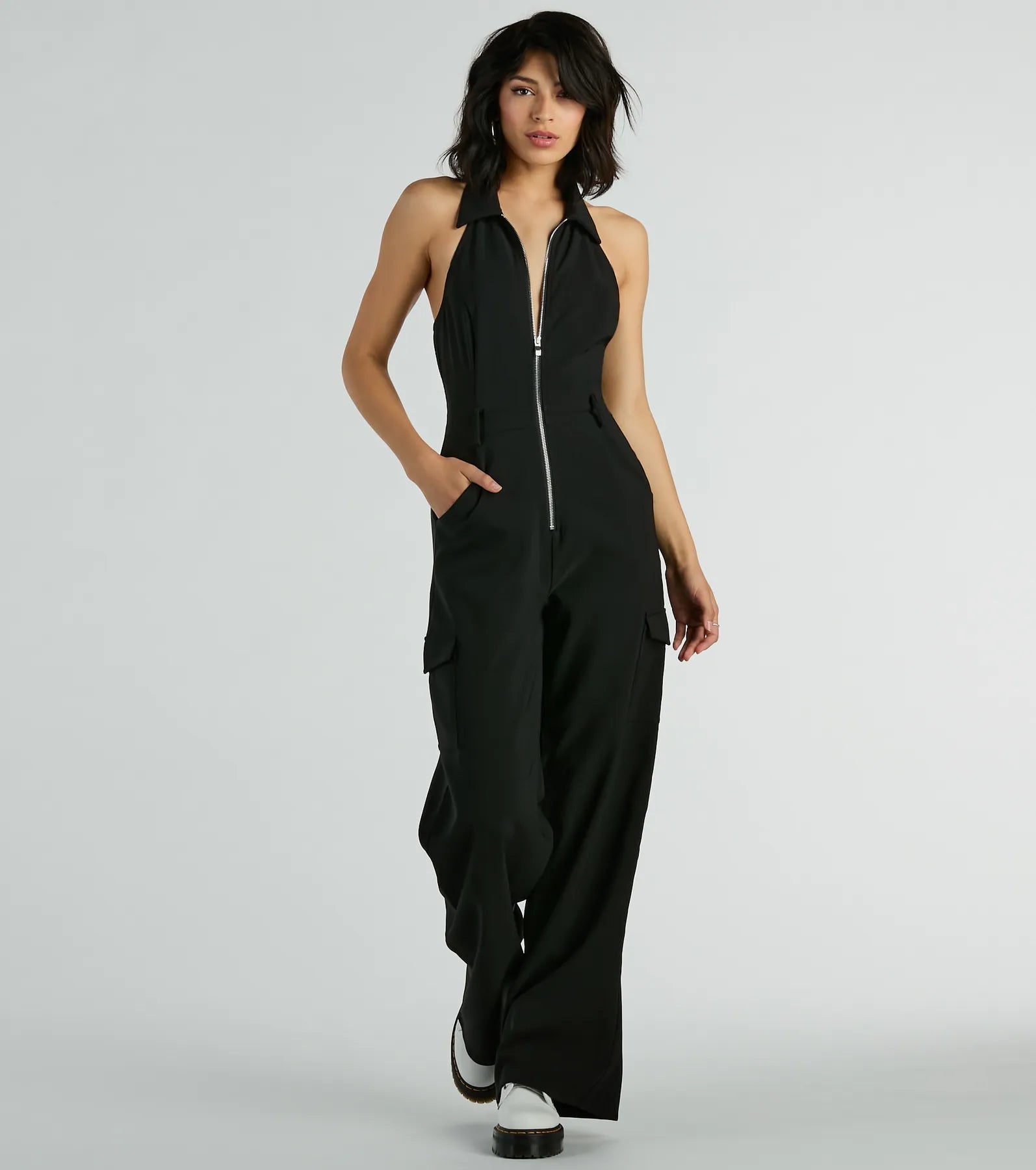 V-neck Sleeveless Front Zipper Belted Open-Back Pocketed Collared Halter Jumpsuit