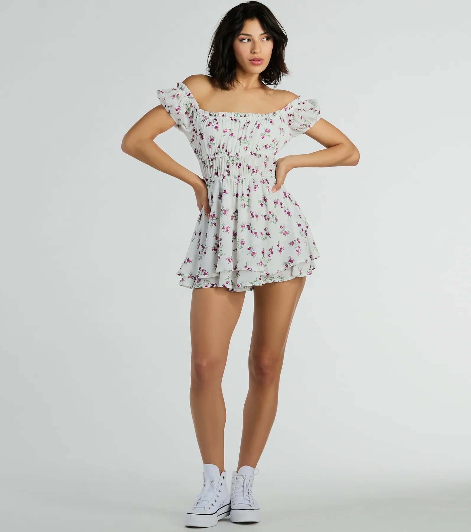 Square Neck Ruffle Trim Floral Print Fit-and-Flare Short Puff Sleeves Sleeves Off the Shoulder Fitted Flowy Stretchy Ruched Romper