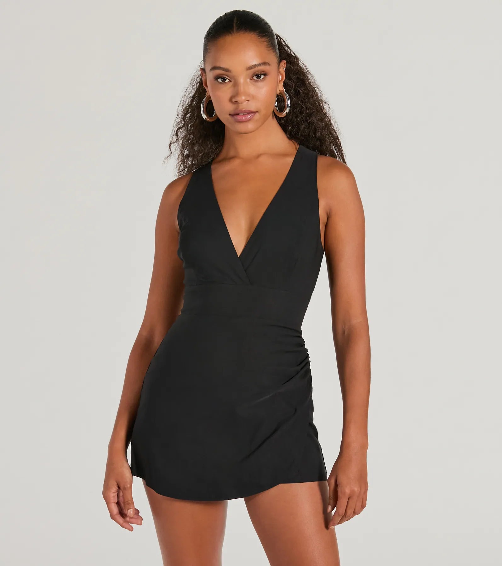 V-neck Sleeveless Tank Short Cutout Open-Back Ruched Self Tie Fitted Lace-Up Wrap Summer Romper