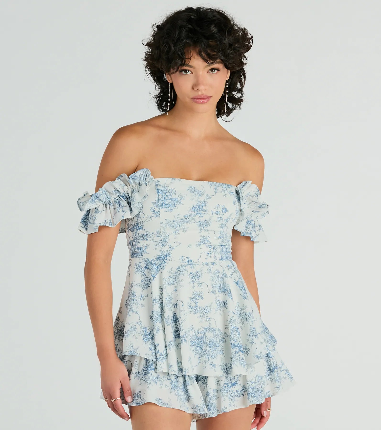 Girls Short Flowy General Print Square Neck Short Sleeves Sleeves Off the Shoulder Romper With Ruffles