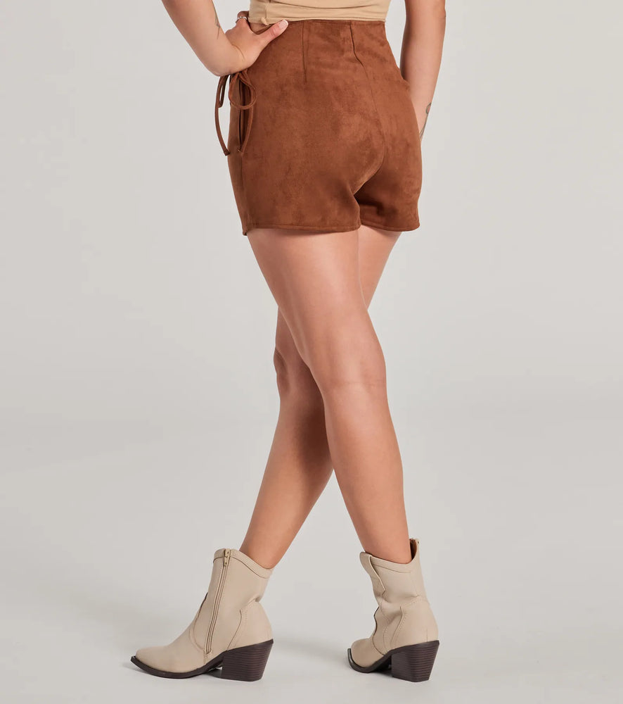 Windsor Wrap It Up High-Rise Faux Suede Mini Skort in Brown