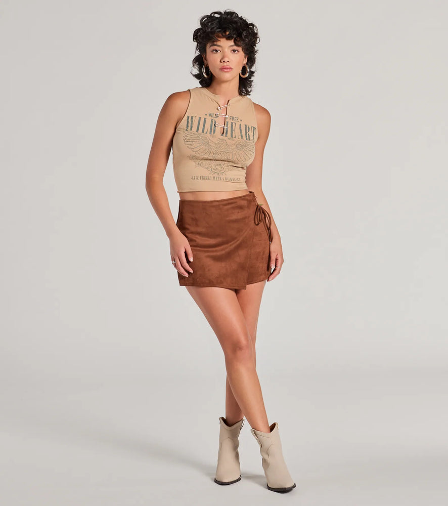 Windsor Wrap It Up High-Rise Faux Suede Mini Skort in Brown