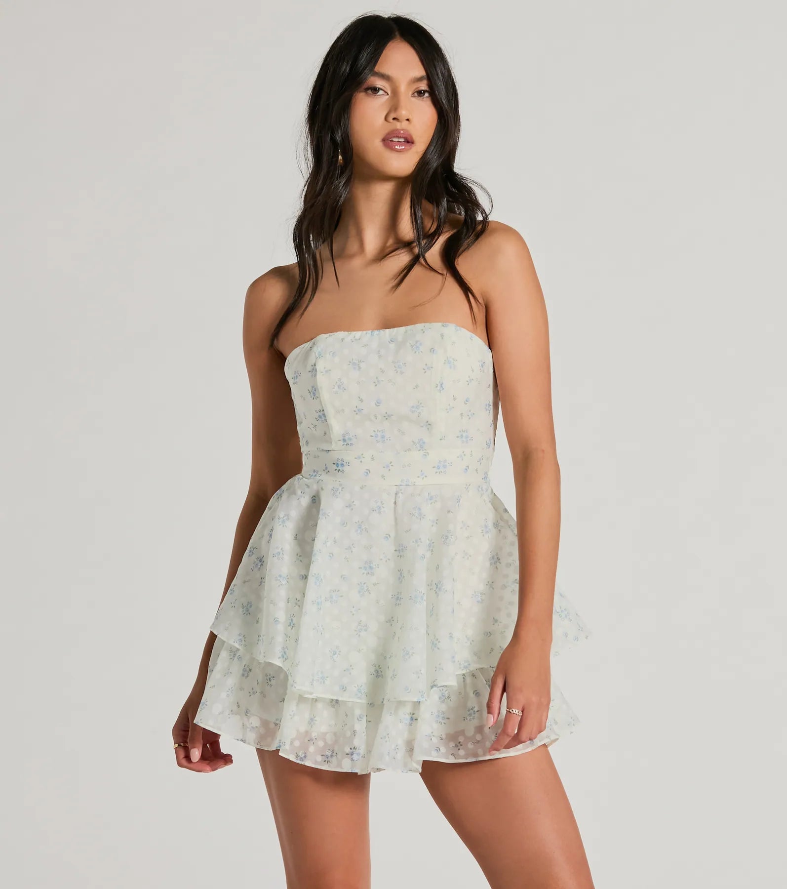 Strapless Back Zipper Flowy Summer Floral Polka Dots Print Skater Dress/Romper/Midi Dress