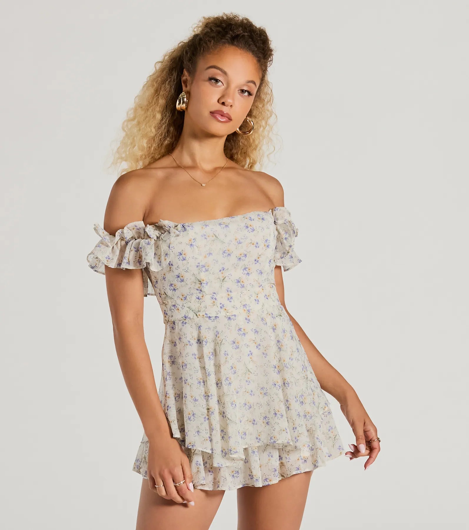 Floral Print Off the Shoulder Summer Fitted Hidden Back Zipper Tiered Sheer Flowy Fit-and-Flare Square Neck Skater Dress/Romper/Midi Dress With Ruffles
