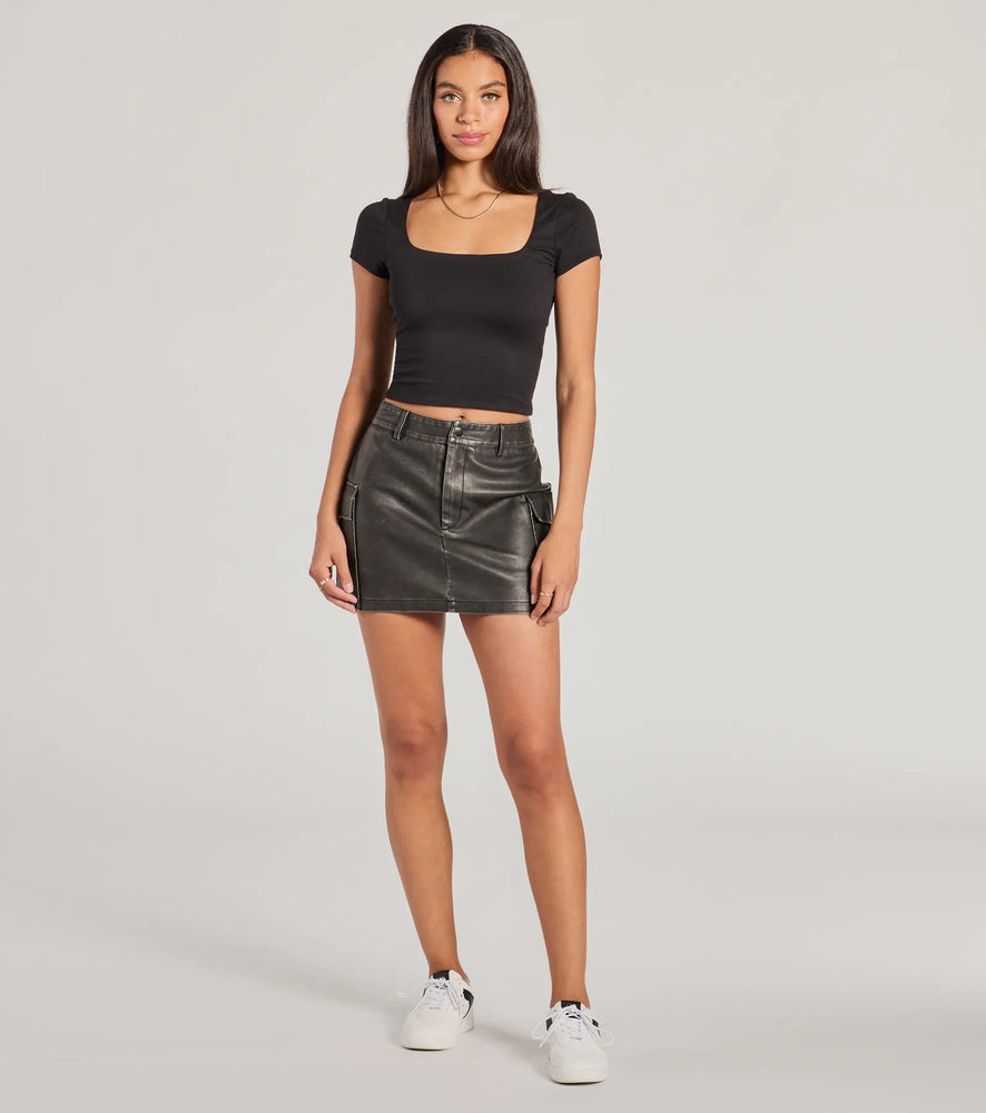 Edgy Cuteness High-Rise Cargo Faux Leather Mini Skort in Black
