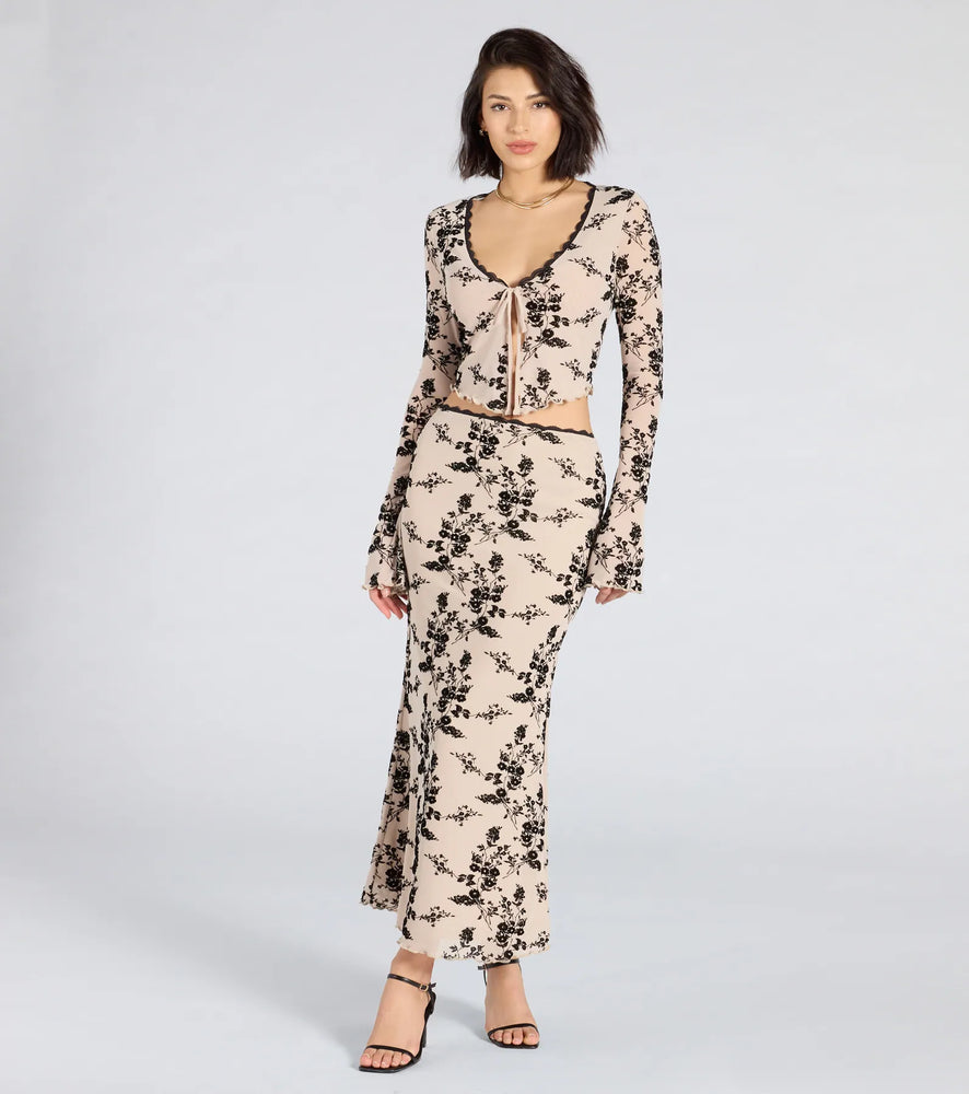 Windsor Flirt Alert Flocked Floral Mesh Maxi Skirt in Ivory