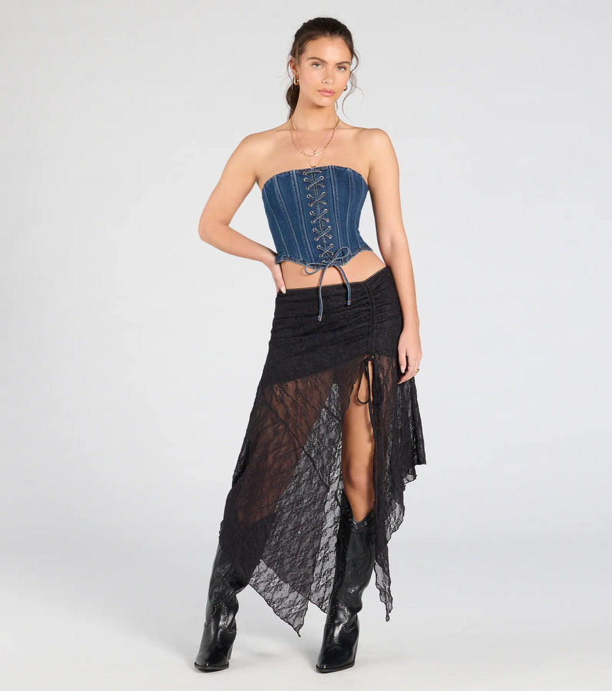 Breezy Boho Sheer Lace Asymmetric Maxi Skirt in Black