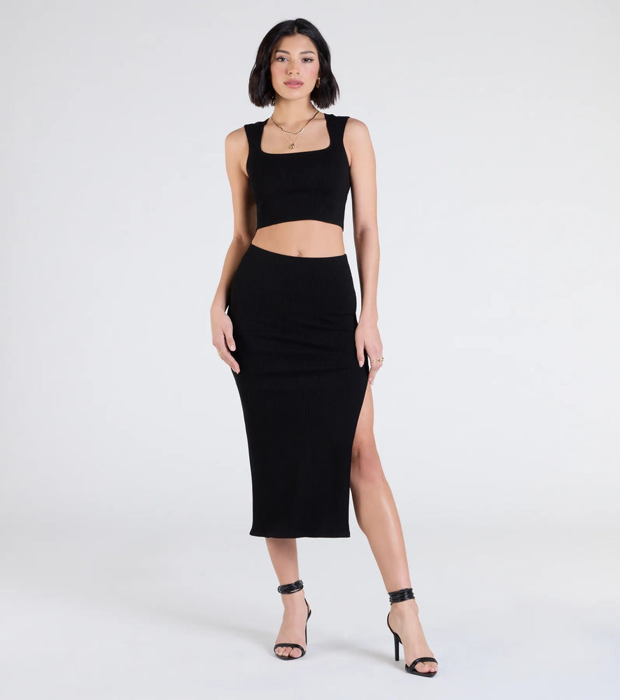 Elevated Era Ribbed Knit High Slit Midi Skirt in Black