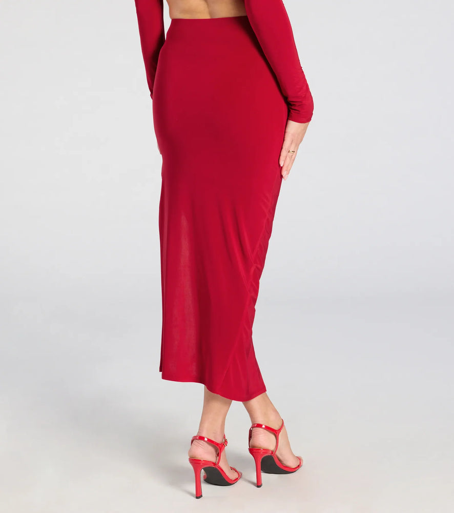 Bold Staple Ruched Asymmetrical Midi Skirt in Red