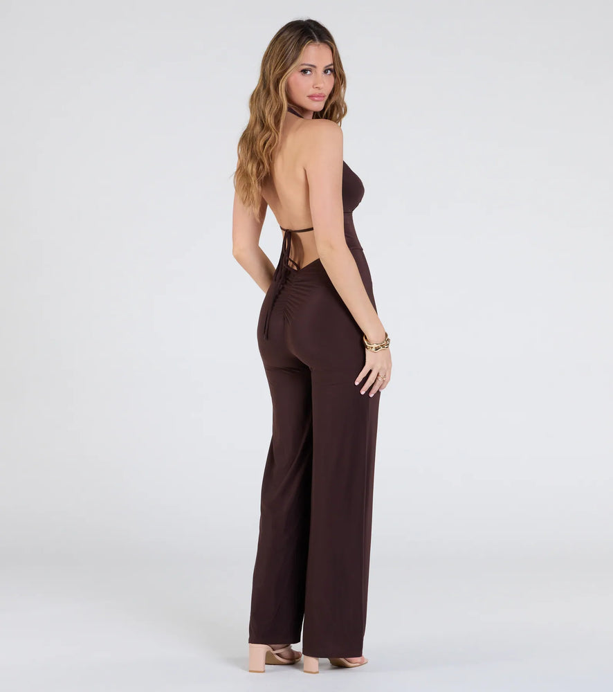 Dinner At Sunset Open Back Wide-Leg Jumpsuit Pant in Brown