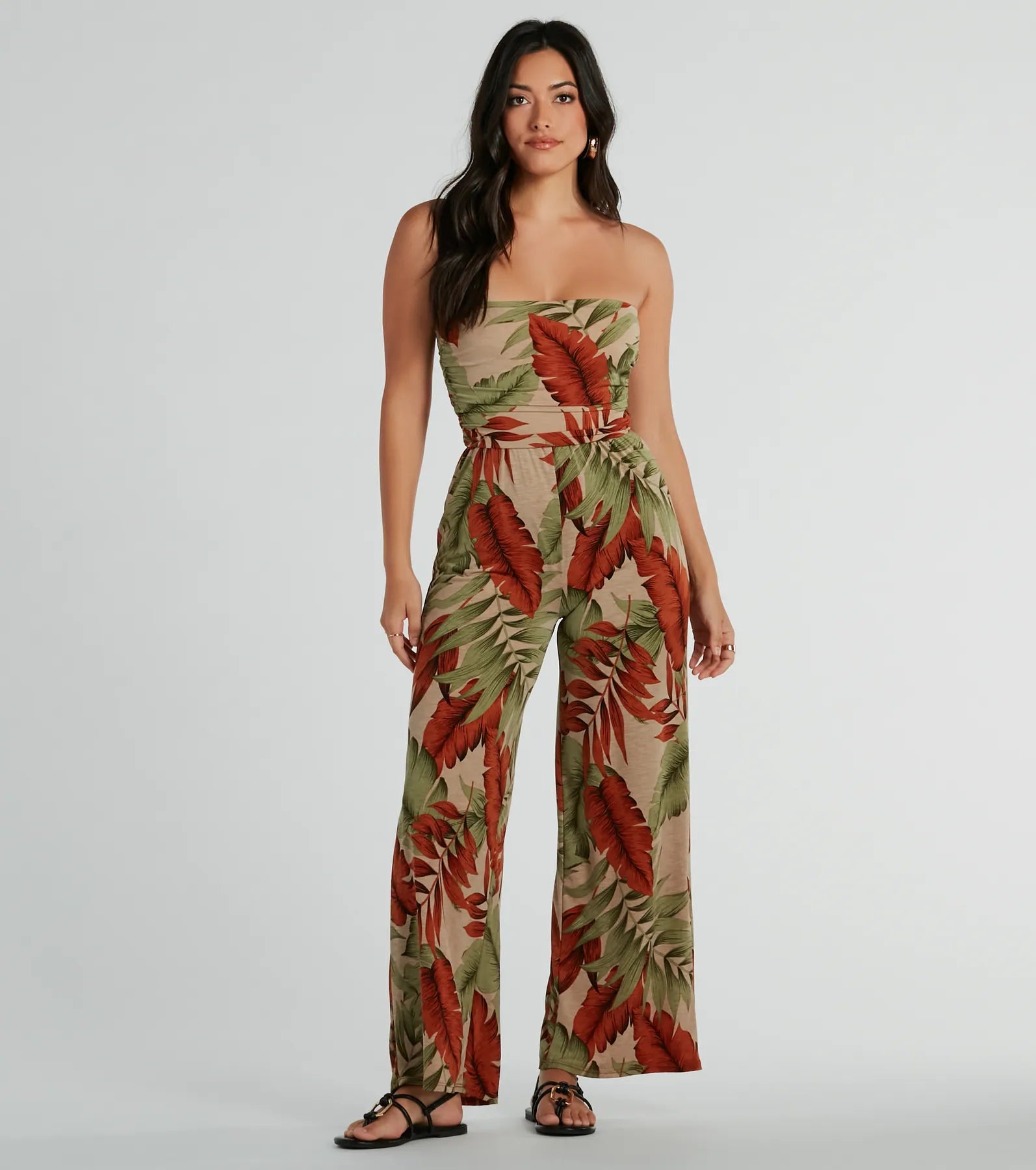 Strapless Straight Neck Fitted Stretchy Knit Tropical Print Beach Dress/Jumpsuit