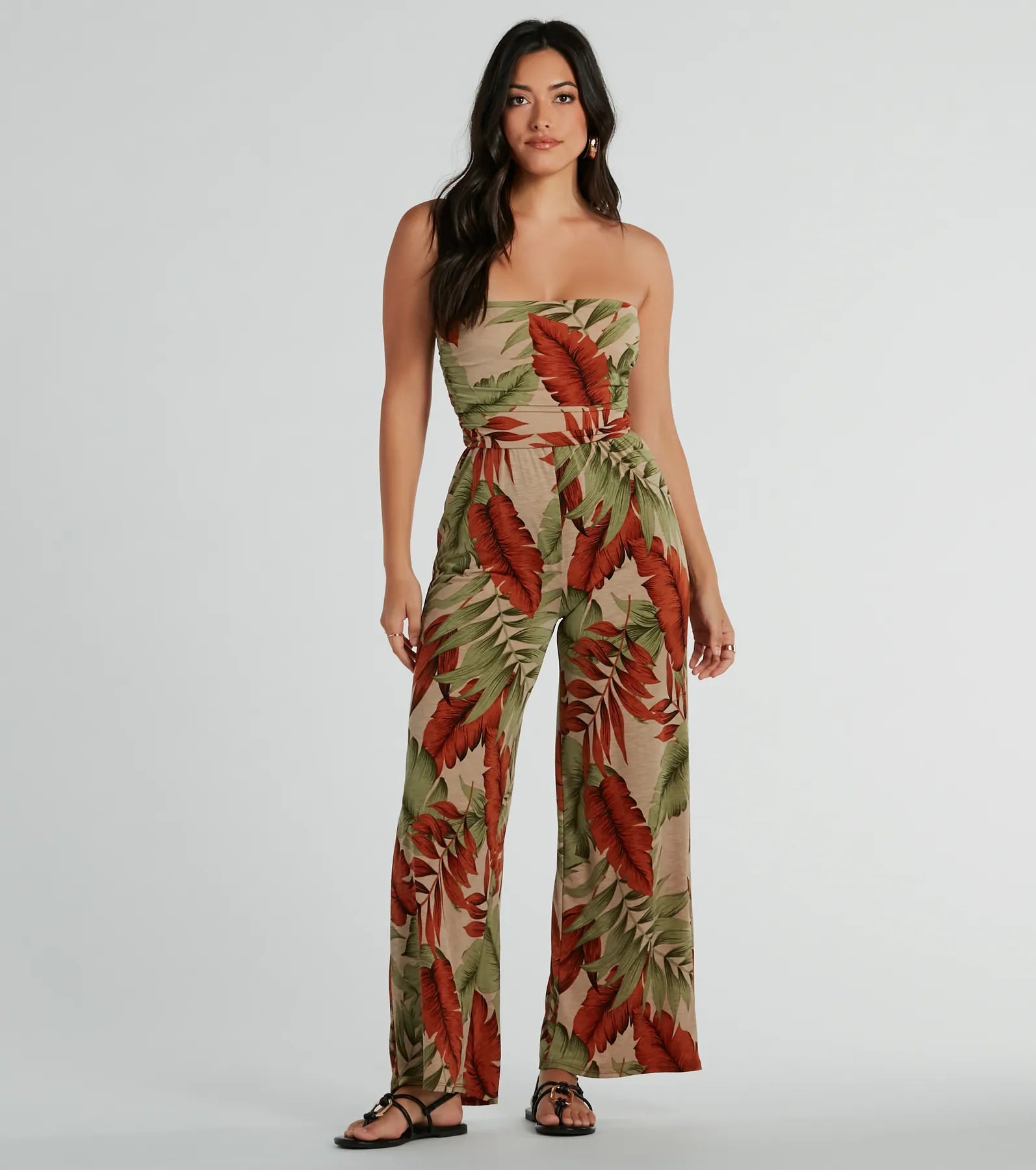 Strapless Straight Neck Knit Stretchy Fitted Tropical Print Beach Dress/Jumpsuit