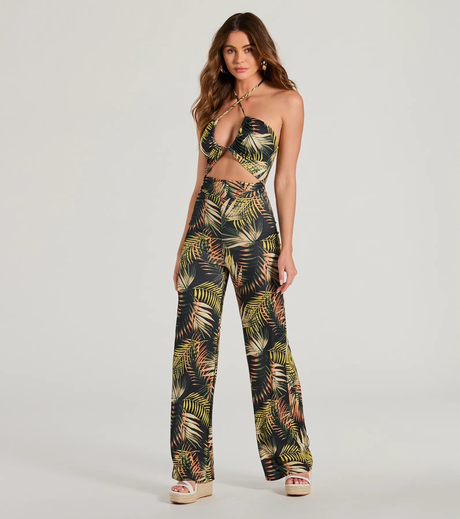 General Print Knit Sleeveless Halter Plunging Neck Open-Back Self Tie Cutout Stretchy Jumpsuit