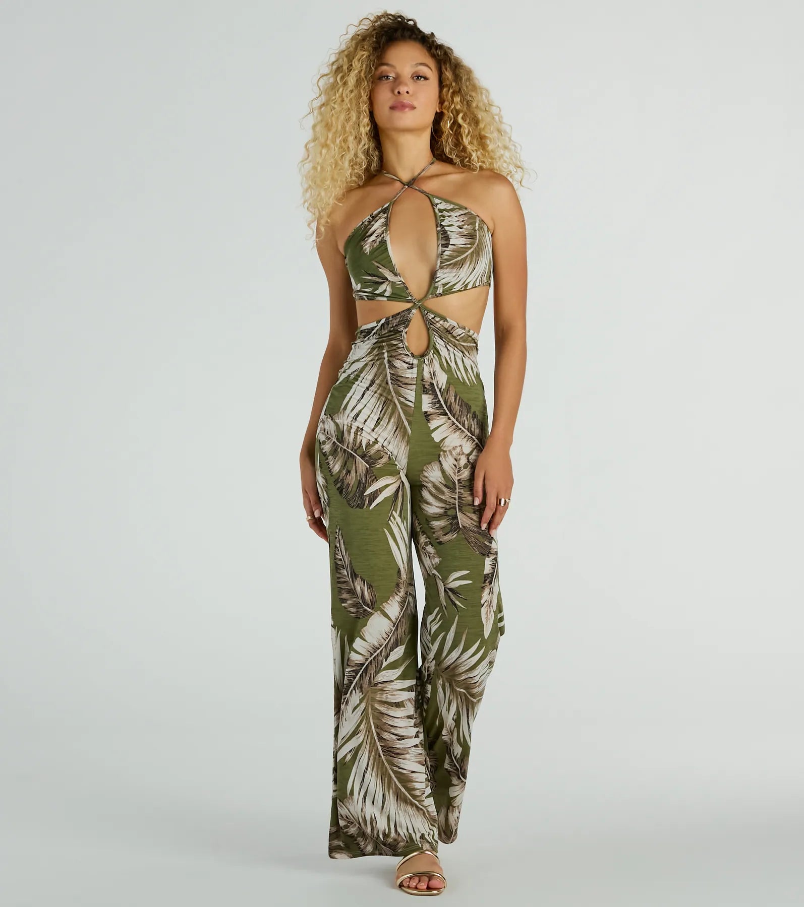 Sexy Halter Plunging Neck Sleeveless Spaghetti Strap Knit Stretchy Cutout Open-Back Tropical Print Jumpsuit