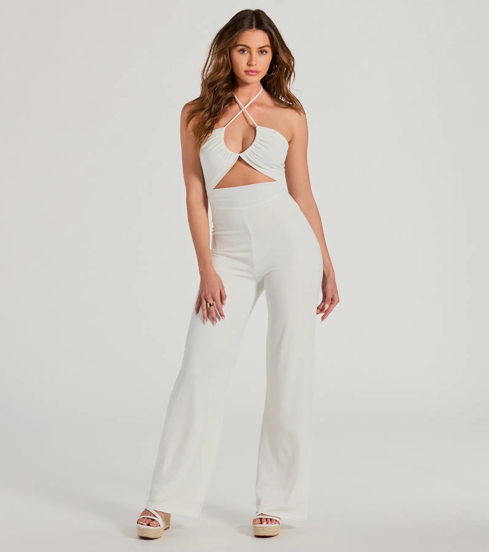 Open-Back Fitted Self Tie Cutout Stretchy Halter Plunging Neck Floor Length Sleeveless Spaghetti Strap Knit Jumpsuit