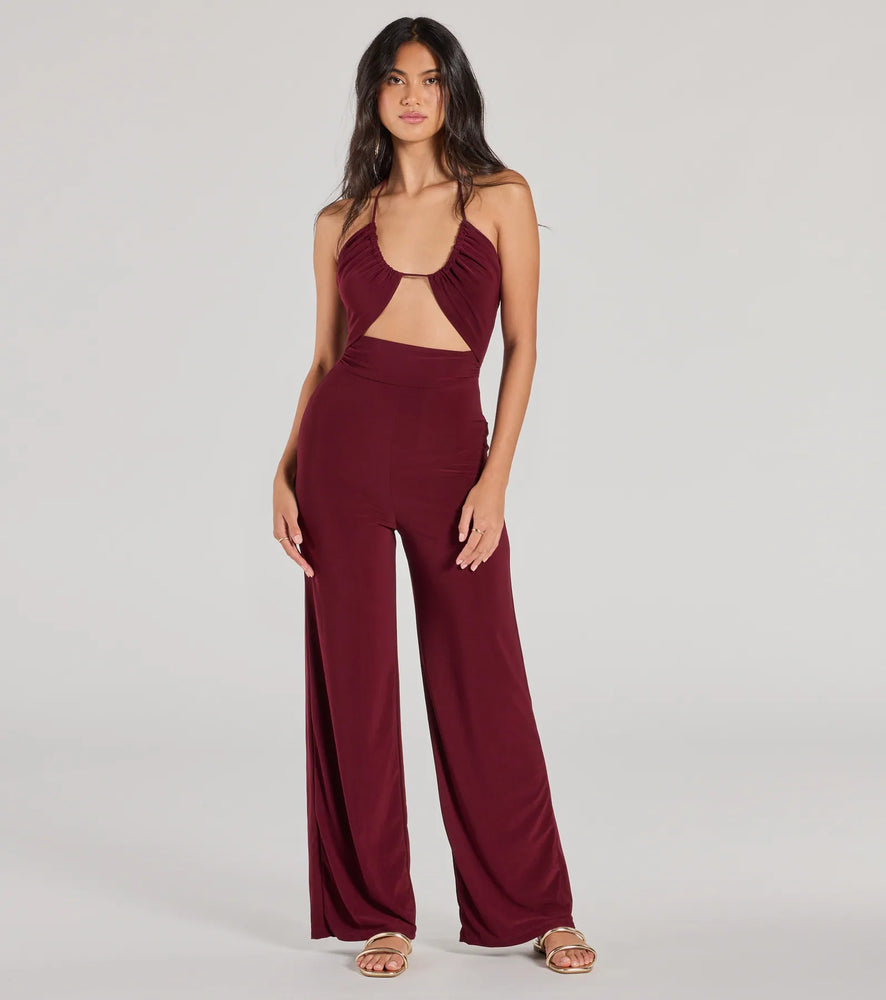 Enticing Sass Halter Cutout Wide-Leg Jumpsuit Pant in Plum