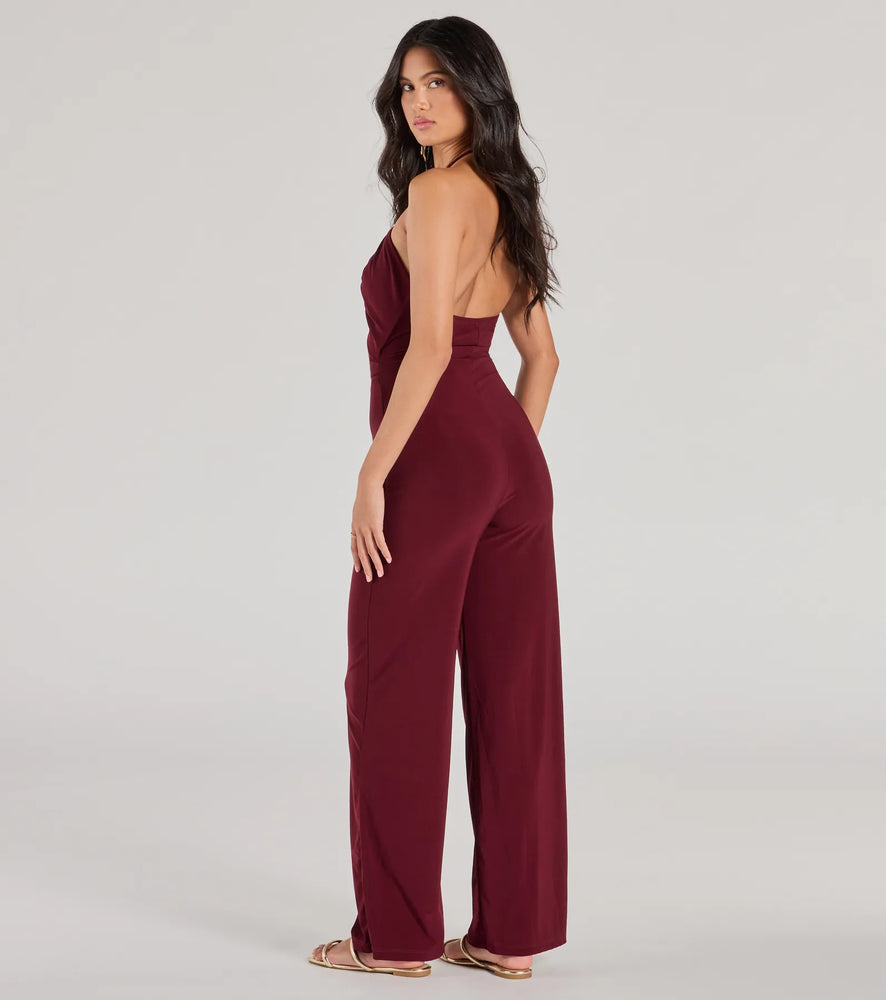 Enticing Sass Halter Cutout Wide-Leg Jumpsuit Pant in Plum