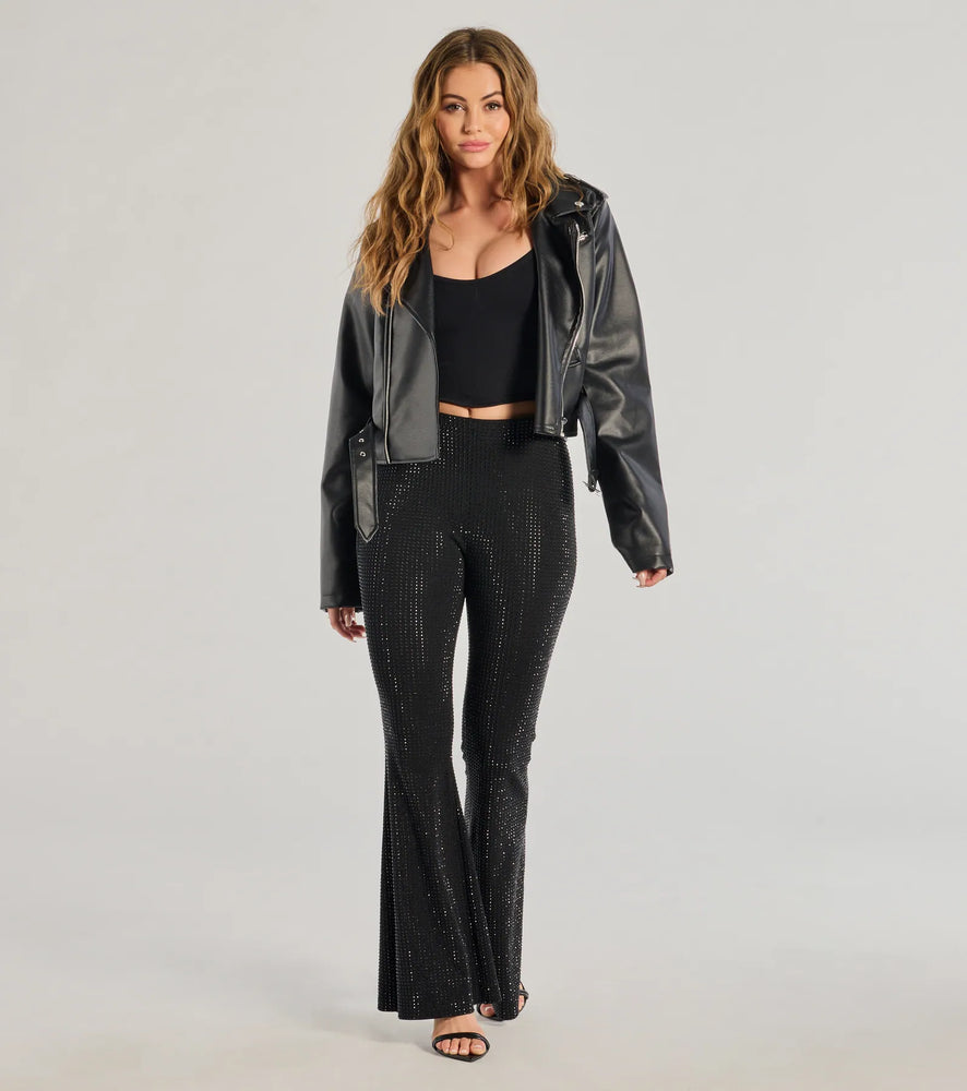 Windsor Glitzy Vibes Rhinestone Knit Flare Pants in Black