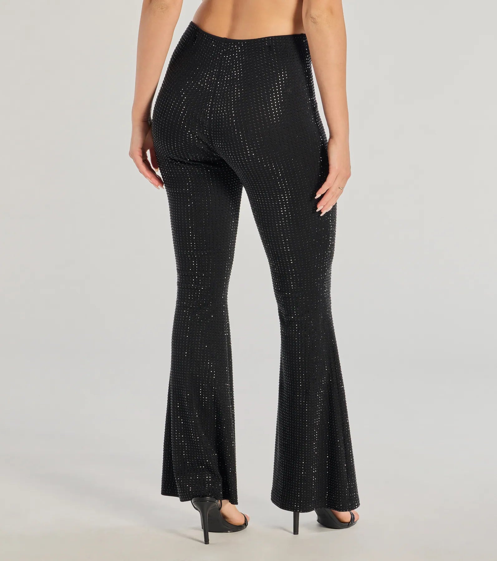 Windsor Glitzy Vibes Rhinestone Knit Flare Pants in Black