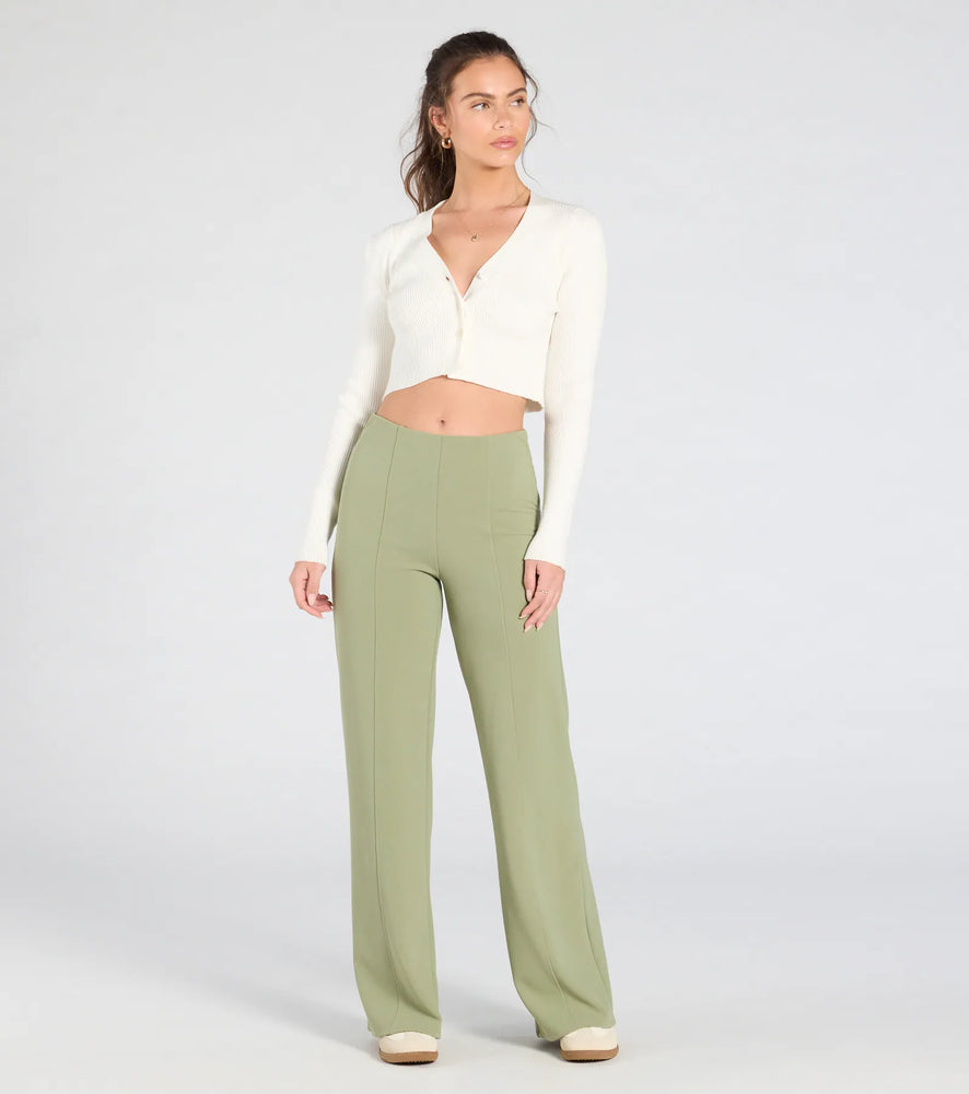 She's All Business Wide-Leg Crepe Trouser Pants in Sage
