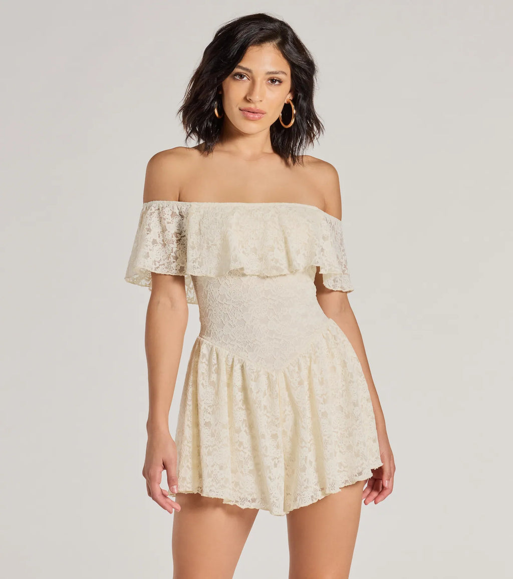 Bohemian Lace Off-Shoulder Low-Rise Playsuit Ivory