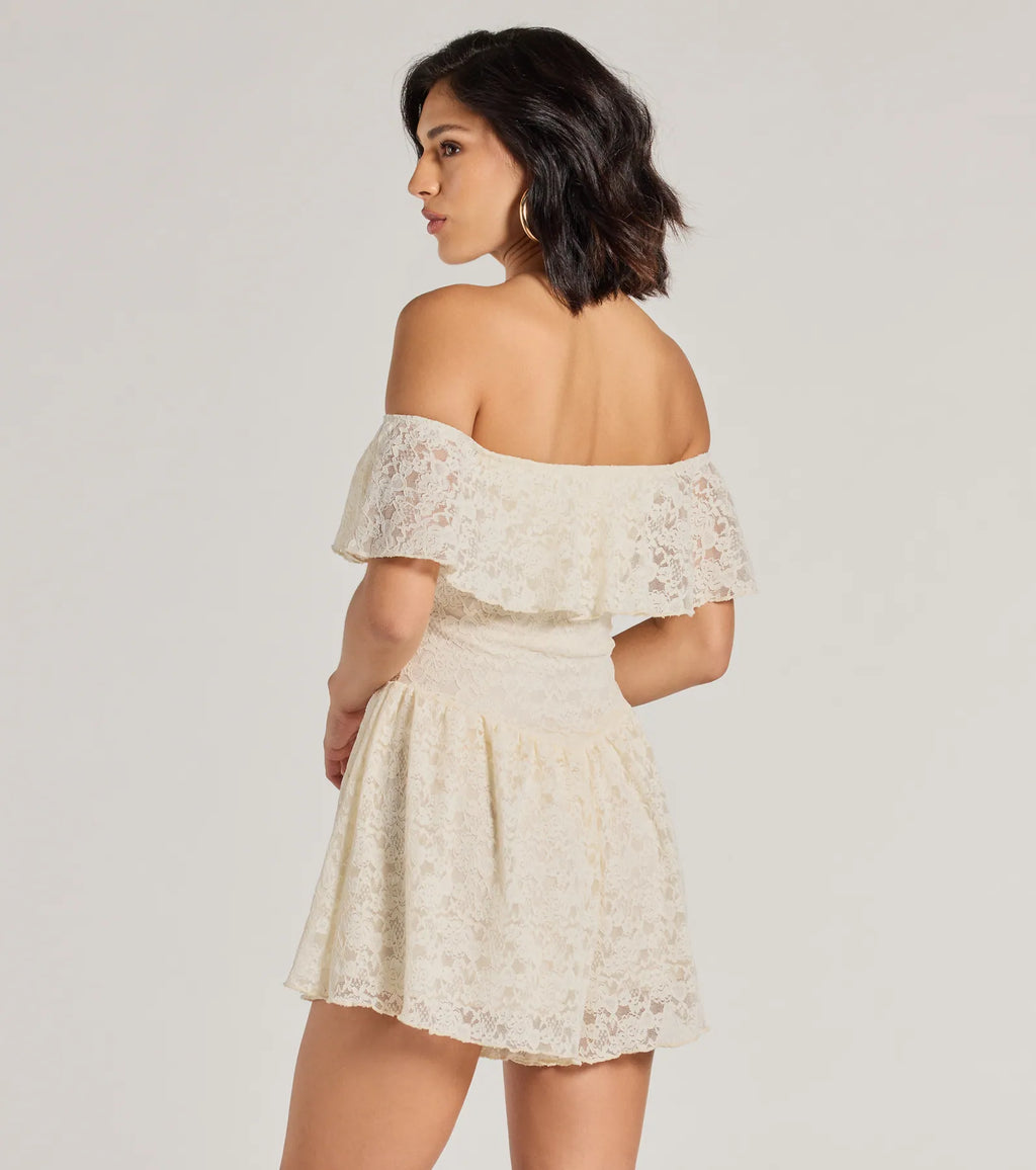 Bohemian Lace Off-Shoulder Low-Rise Playsuit Ivory