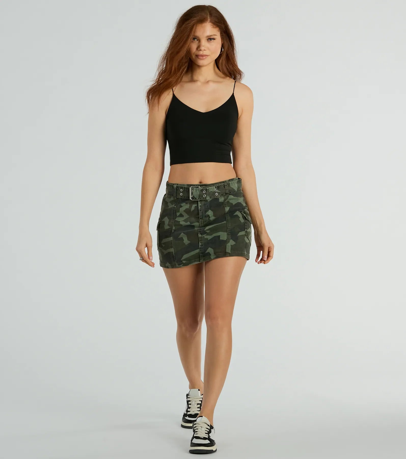 Cadet Girlie Mid Rise Belt Camouflage Mini Skirt