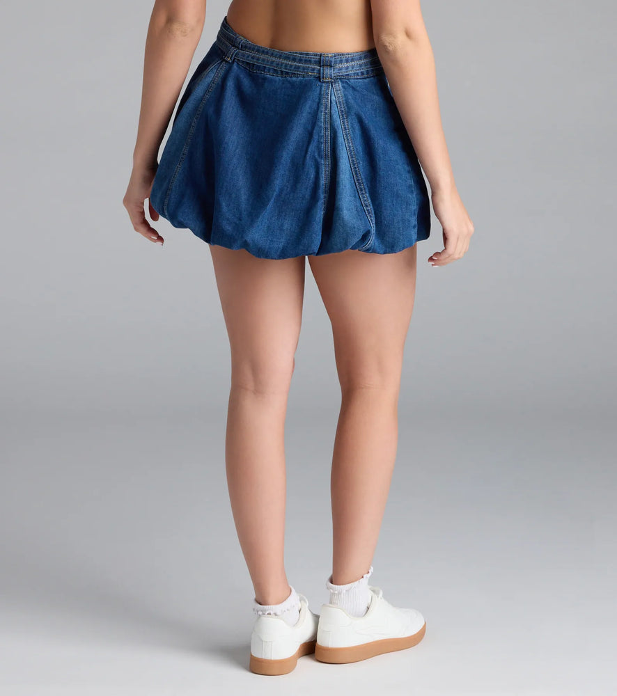 Definite Charmer Mid-Rise Belted Denim Bubble Skirt in Dark Denim