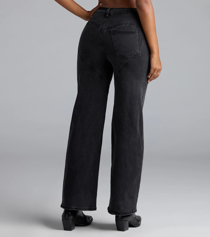 So Obsessed Rhinestone Cutout Straight Leg Denim Jeans in Black