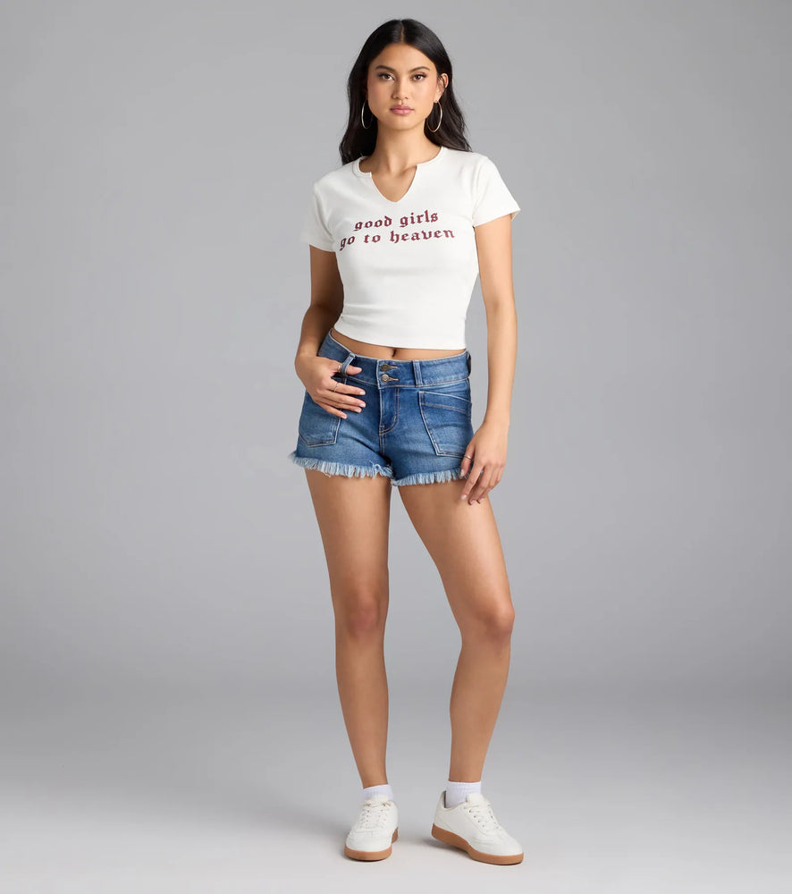 Down For It Mid-Rise Cutoff Denim Shorts in Med Denim