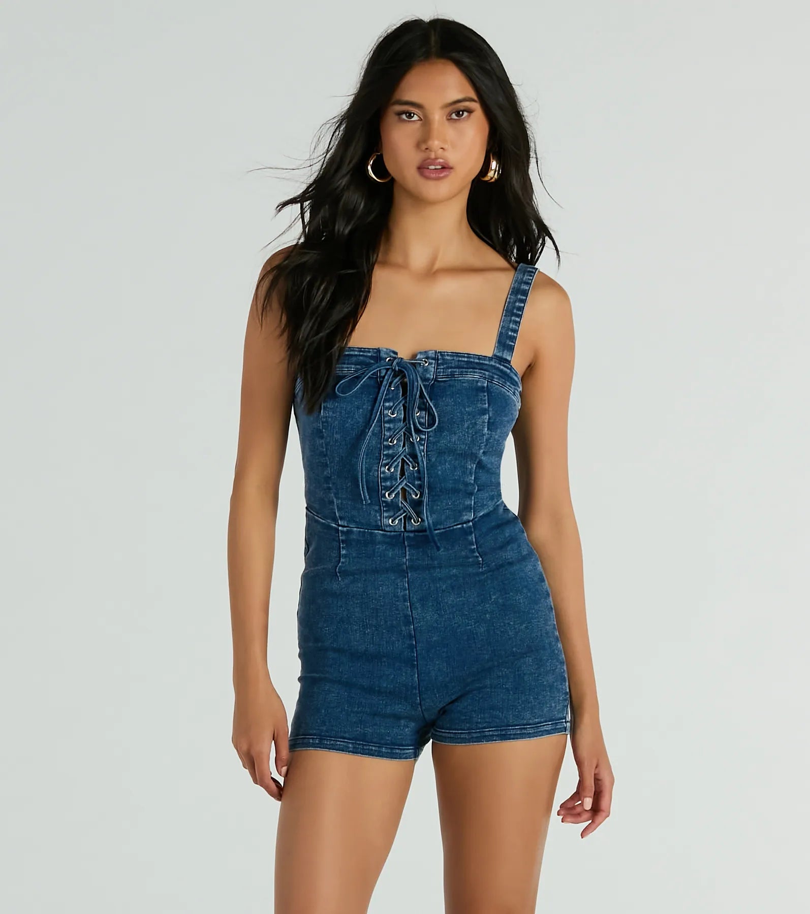 Sleeveless Tank Summer Back Zipper Lace-Up Square Neck Romper