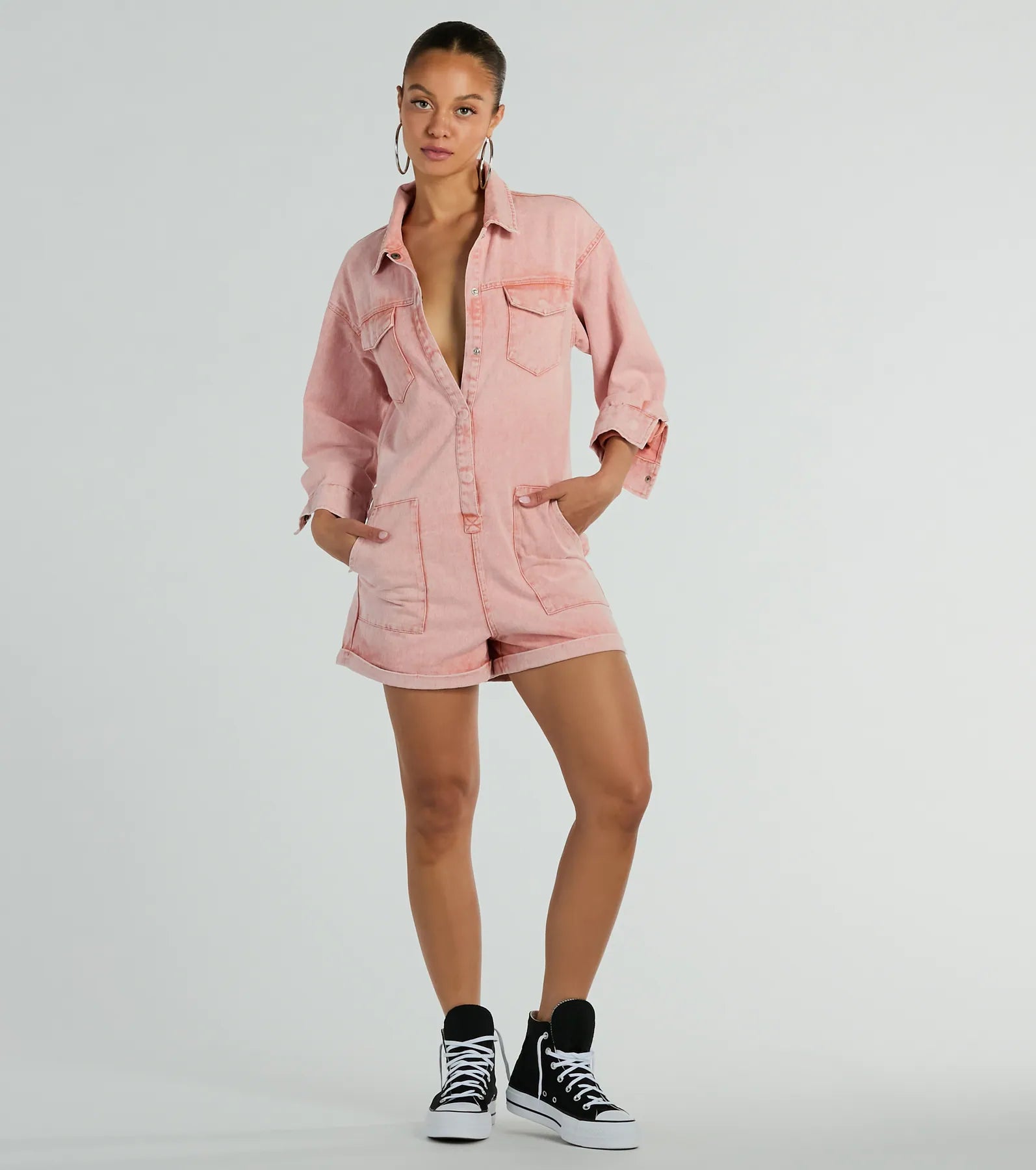 Denim Long Sleeves Button Front Pocketed Collared Romper