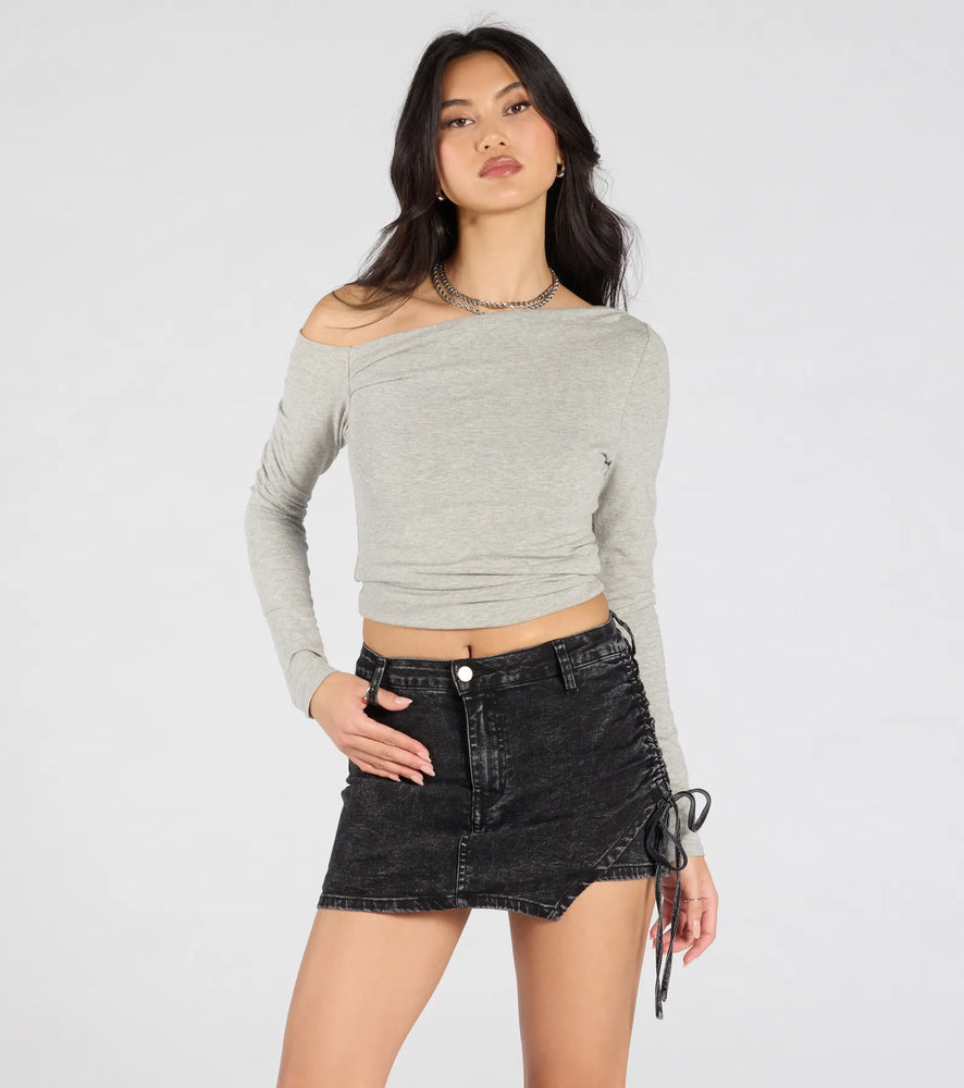 Always Cool Ruched Denim Mini Skort in Black