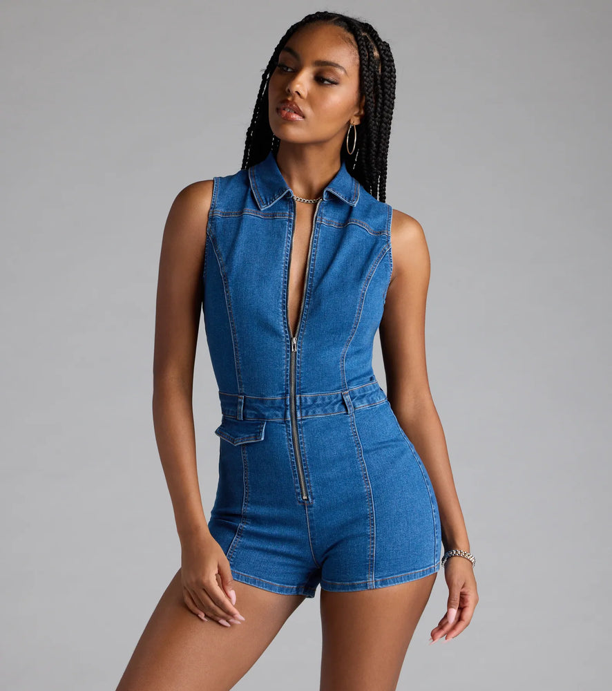 Trendy Fab Zip-Front Denim Romper in Medium Denim