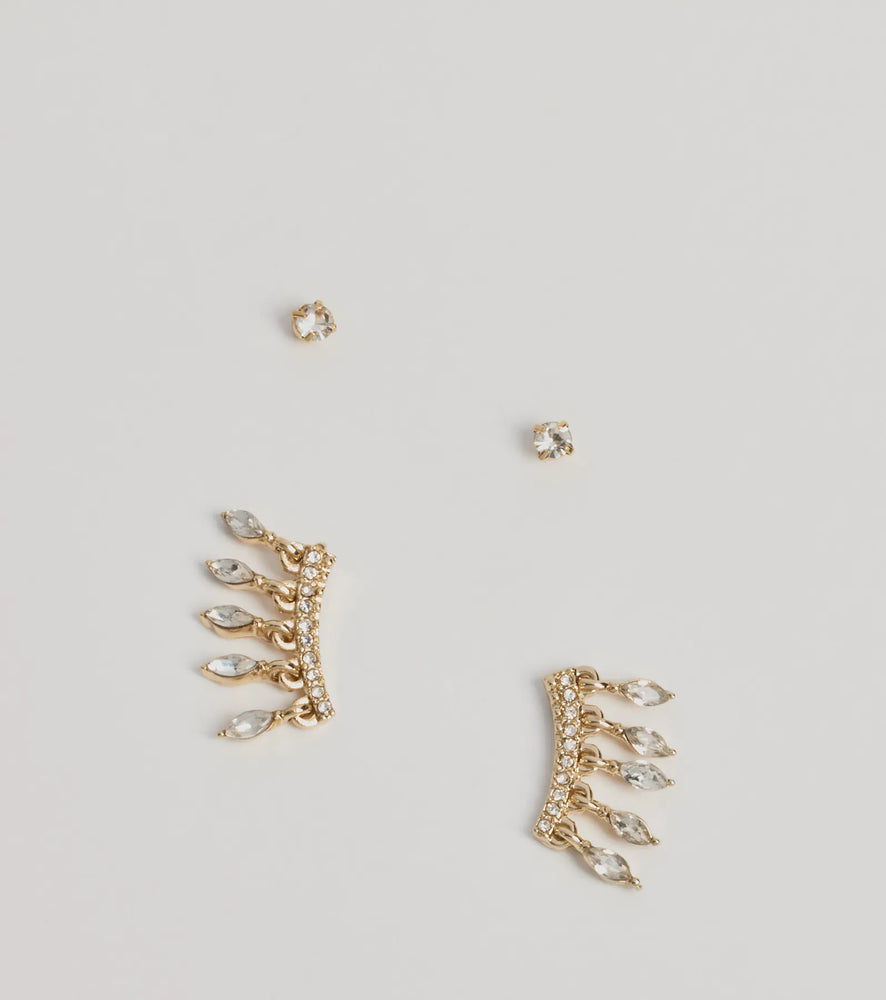 Windsor Glitzy Trend Rhinestone Stud And Crawler Earrings Set in Gold