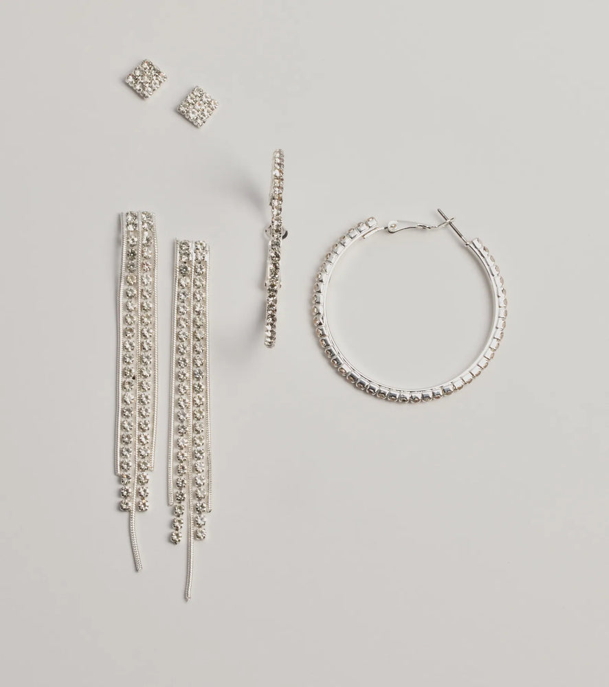 Windsor Time To Shine Rhinestone Three-Pack Earring Set in Silver