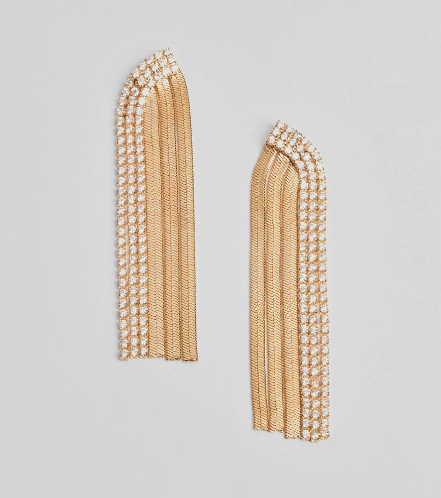 Windsor Edgy Sparkle Rhinestone Snake Chain Fringe Earrings in Gold