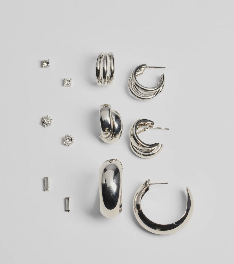 Six-Pack Rhinestone Studs And Hoop Earrings Set in Silver
