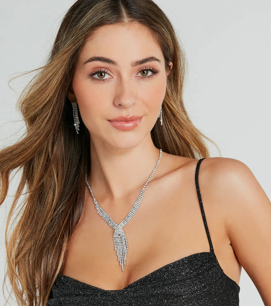 Windsor Dazzling Rhinestone Fringe Necklace And Earrings Set in Silver