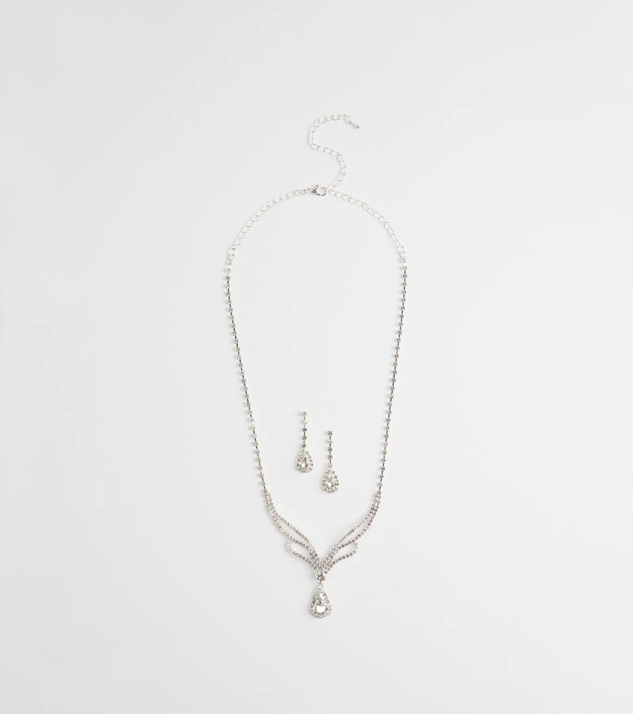 Regal Teardrop Rhinestone Necklace And Earrings Set in Silver