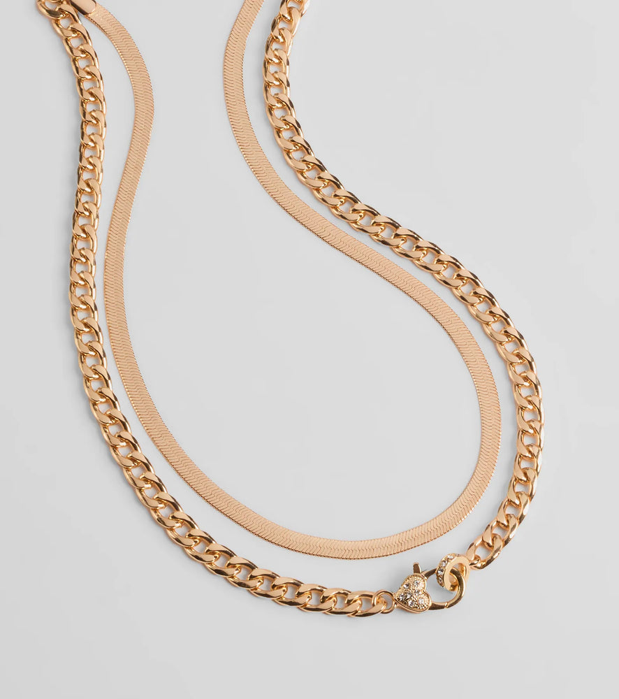 Windsor Sweet And Edgy Heart Layered Chain Necklace in Gold